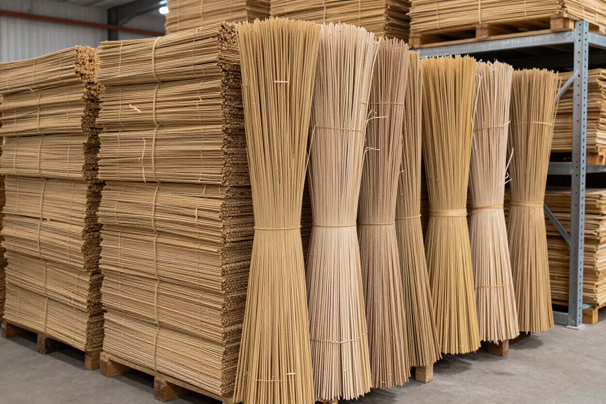 Montones de listones de madera apilados secándose en el patio de un almacén industrial.