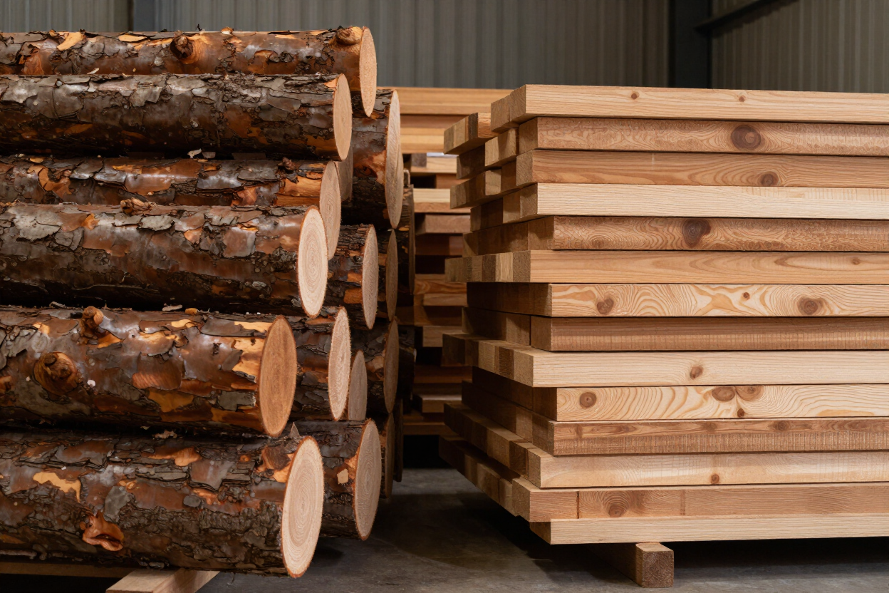 Troncos apilados junto a tablones de madera cuidadosamente apilados en el patio de un aserradero.