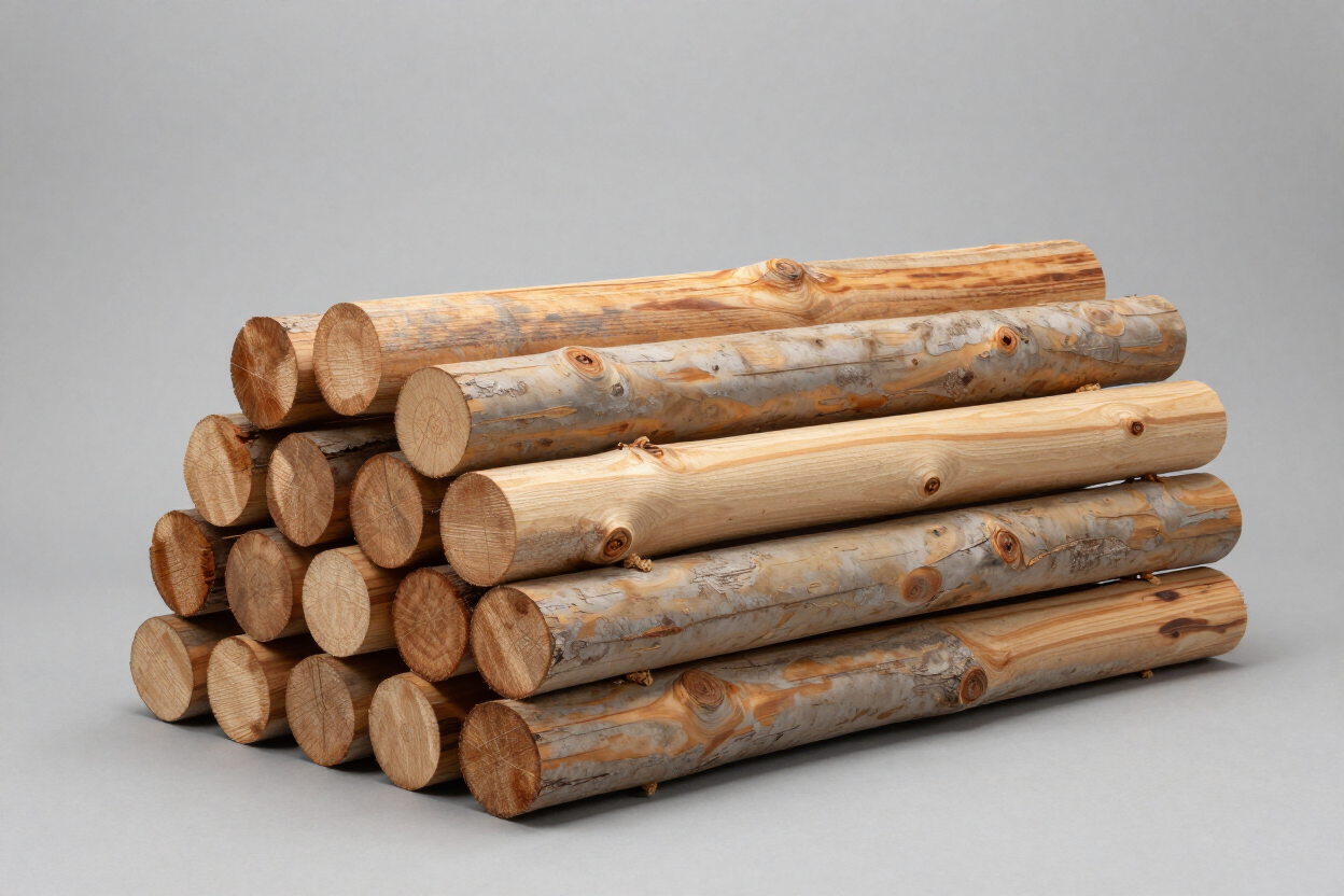 Pila de troncos de madera cortados sobre un fondo gris liso.