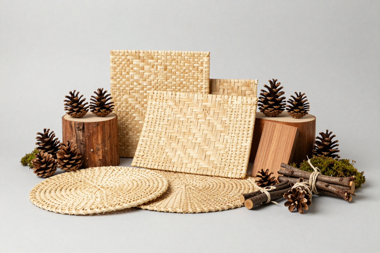Manteles individuales y posavasos de paja tejida con piñas y rodajas de madera sobre un fondo neutro.