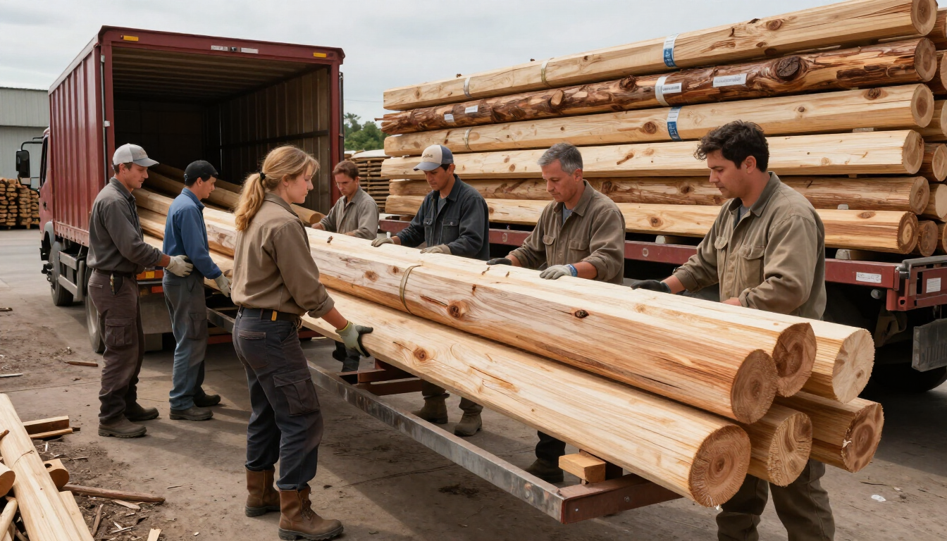 Trabajadores inspeccionan la madera apilada que se descarga de un camión en un aserradero.