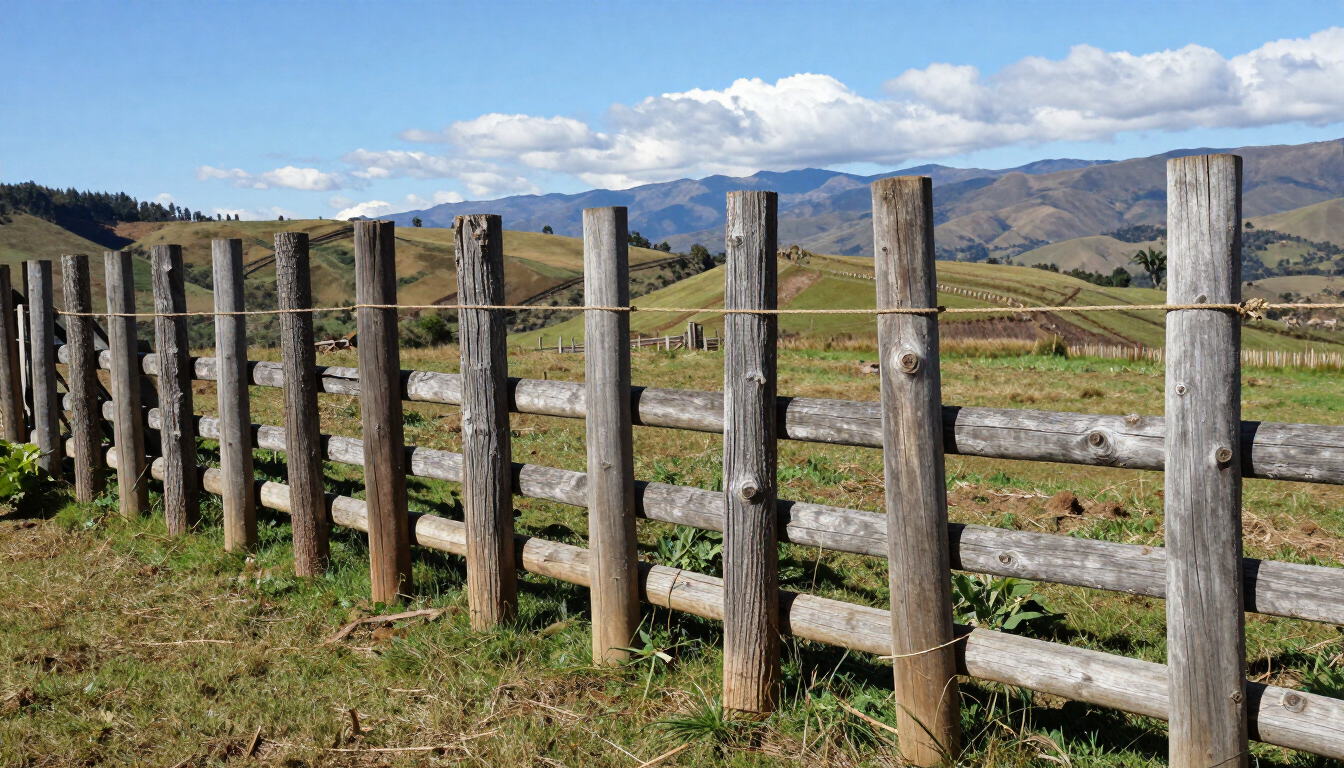 Valla de madera en un campo de hierba con montañas y cielo nublado al fondo.