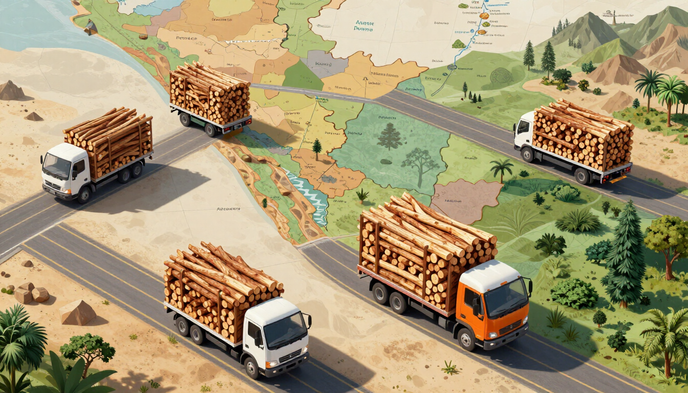 Camiones madereros cargados de madera circulan por una carretera junto a un mapa forestal y un río.