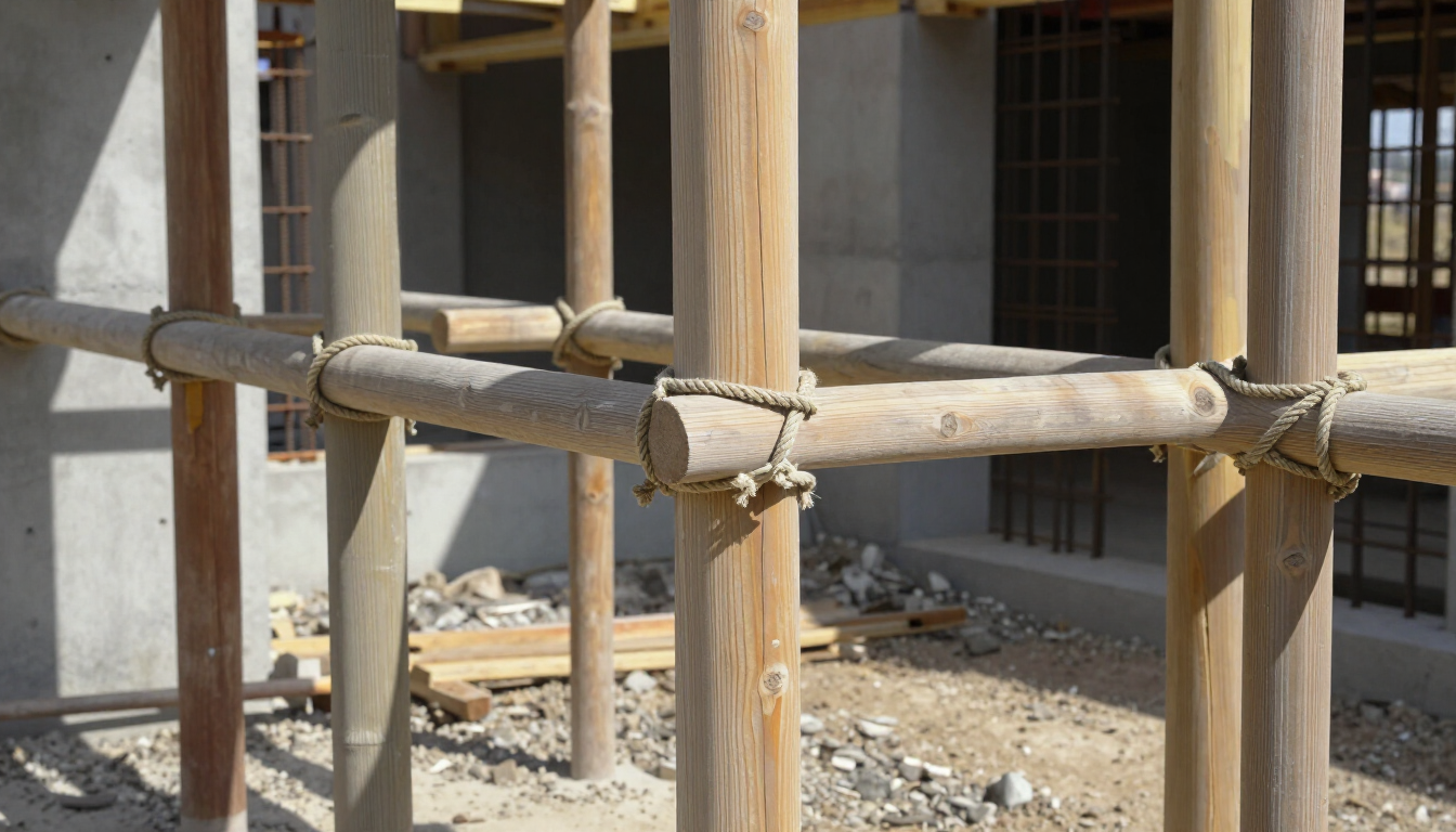 Andamios de madera frente a un edificio en construcción, con columnas de hormigón y escombros en el suelo.