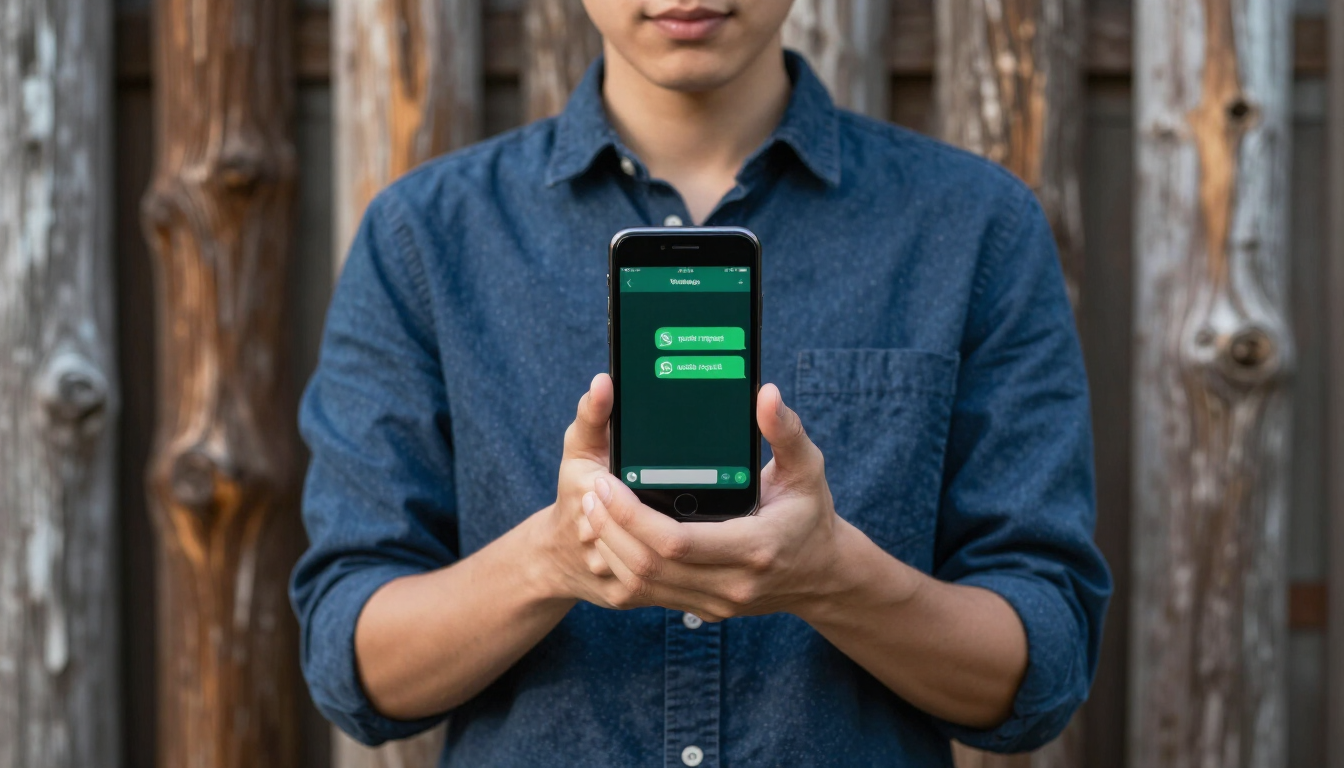 Persona sosteniendo un teléfono inteligente con una pantalla de chat verde al aire libre frente a una pared de madera.