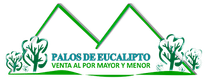 Logo with green mountain lines, eucalyptus trees, and text “PALOS DE EUCALIPTO” and “VENTA AL POR MAYOR Y MENOR”