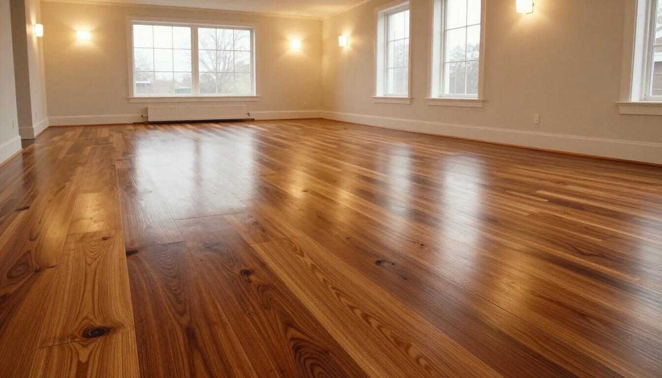 Comparison of worn and refinished hardwood floors in a residential setting.