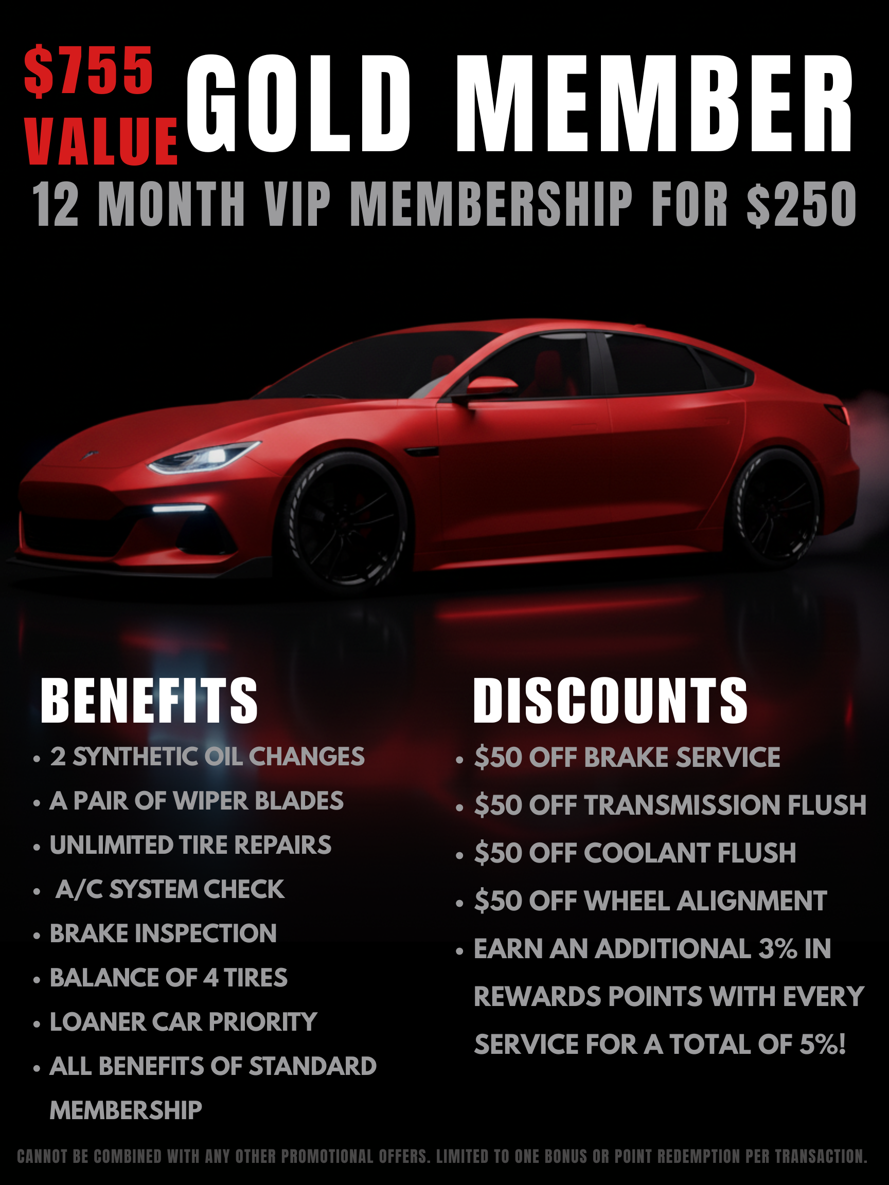 Red sports car ad for “Gold Member” 12-month VIP membership, with benefits and discounts listed.