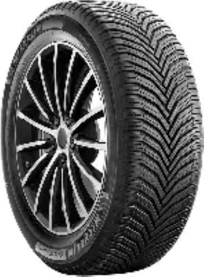 Black car tire with a dark alloy wheel on a white background