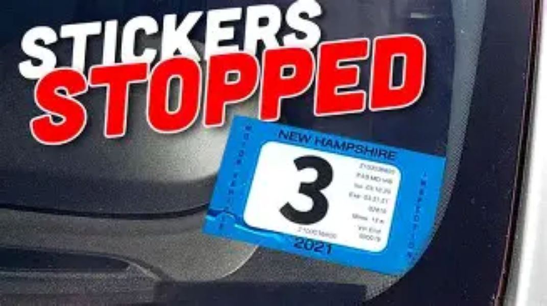 White car bumper with red “STICKERS STOPPED” text and a blue number 3 inspection sticker.
