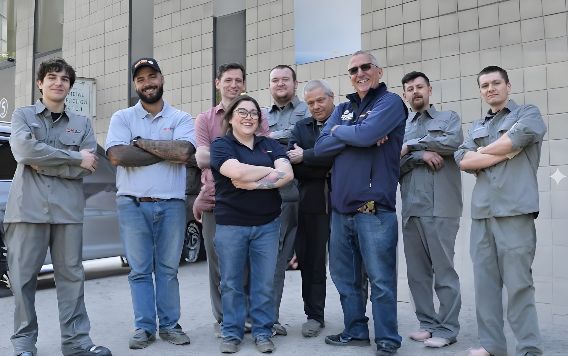 Seven people stand with arms crossed in front of a building, posing for a group photo.