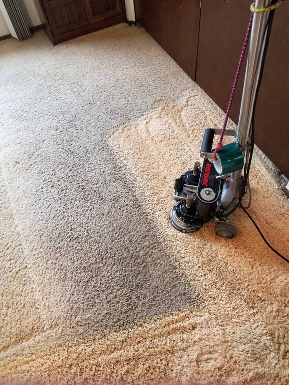 A vacuum cleaner is sitting on top of a carpet in a room.
