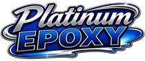 Platinum Epoxy logo in blue and white text with a metallic swoosh design