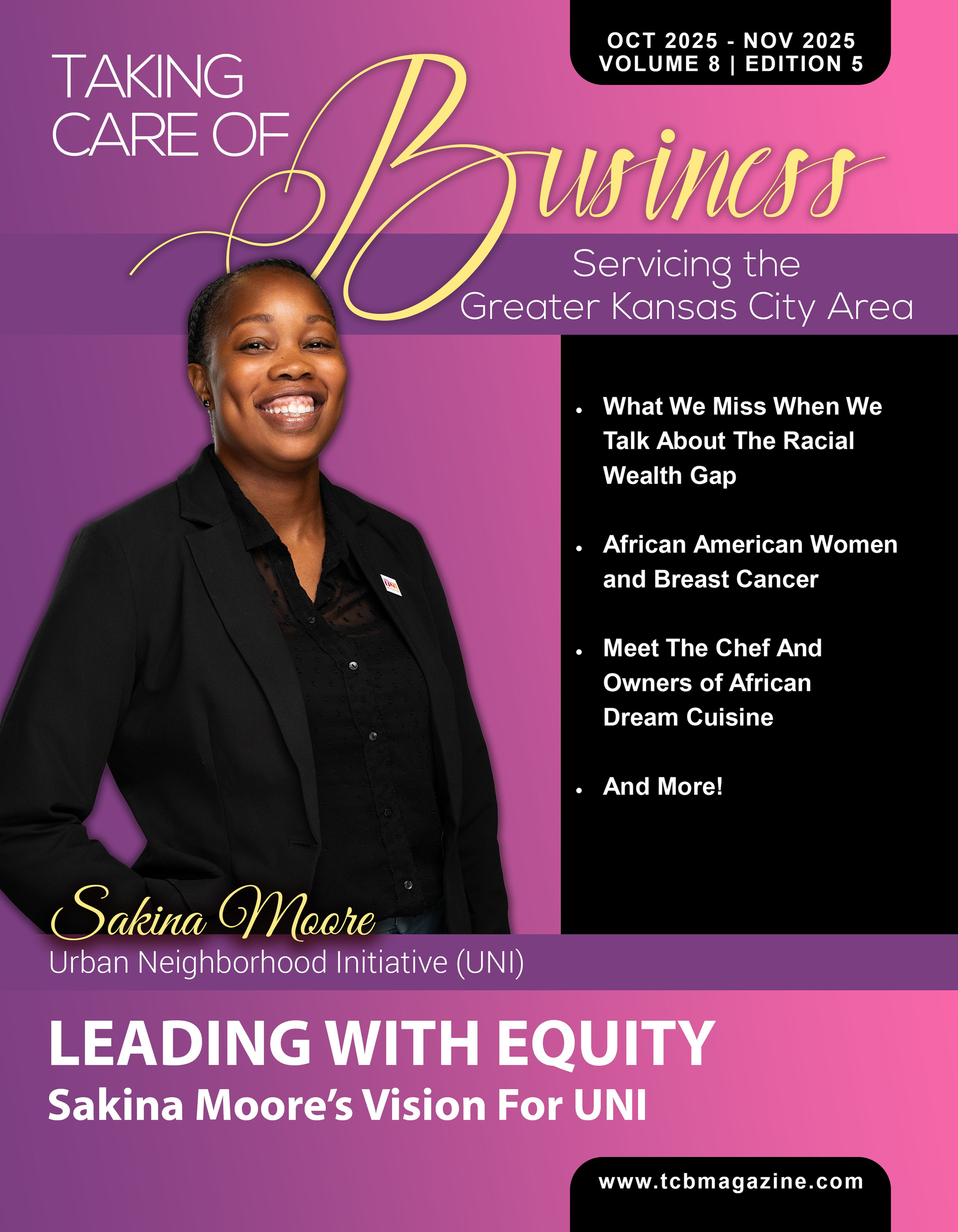 Magazine cover featuring Sakina Moore smiling, with headline 