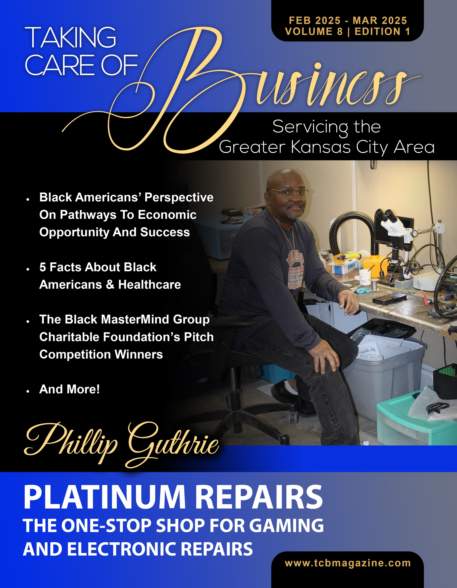 Magazine cover featuring a man at a workstation repairing electronics, titled Taking Care of Business.