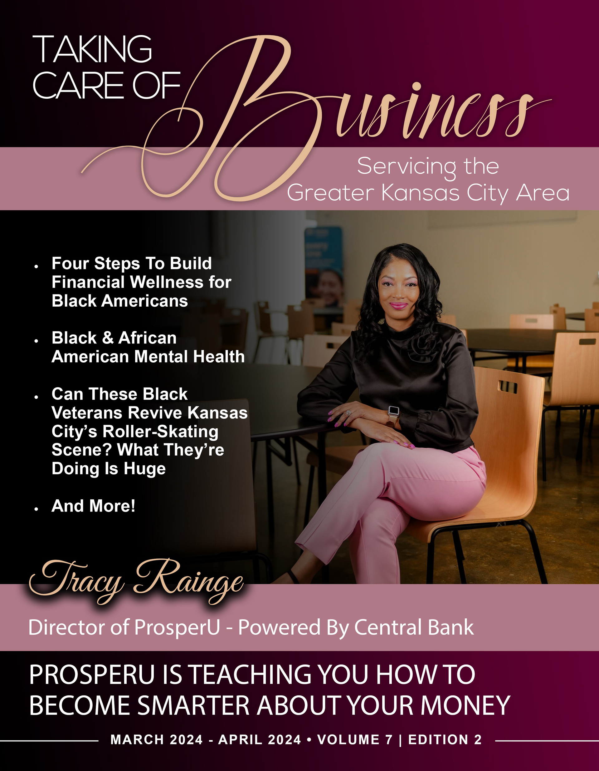 Magazine cover featuring a woman in a black shirt and pink pants sitting in an office space, with headlines about finance.