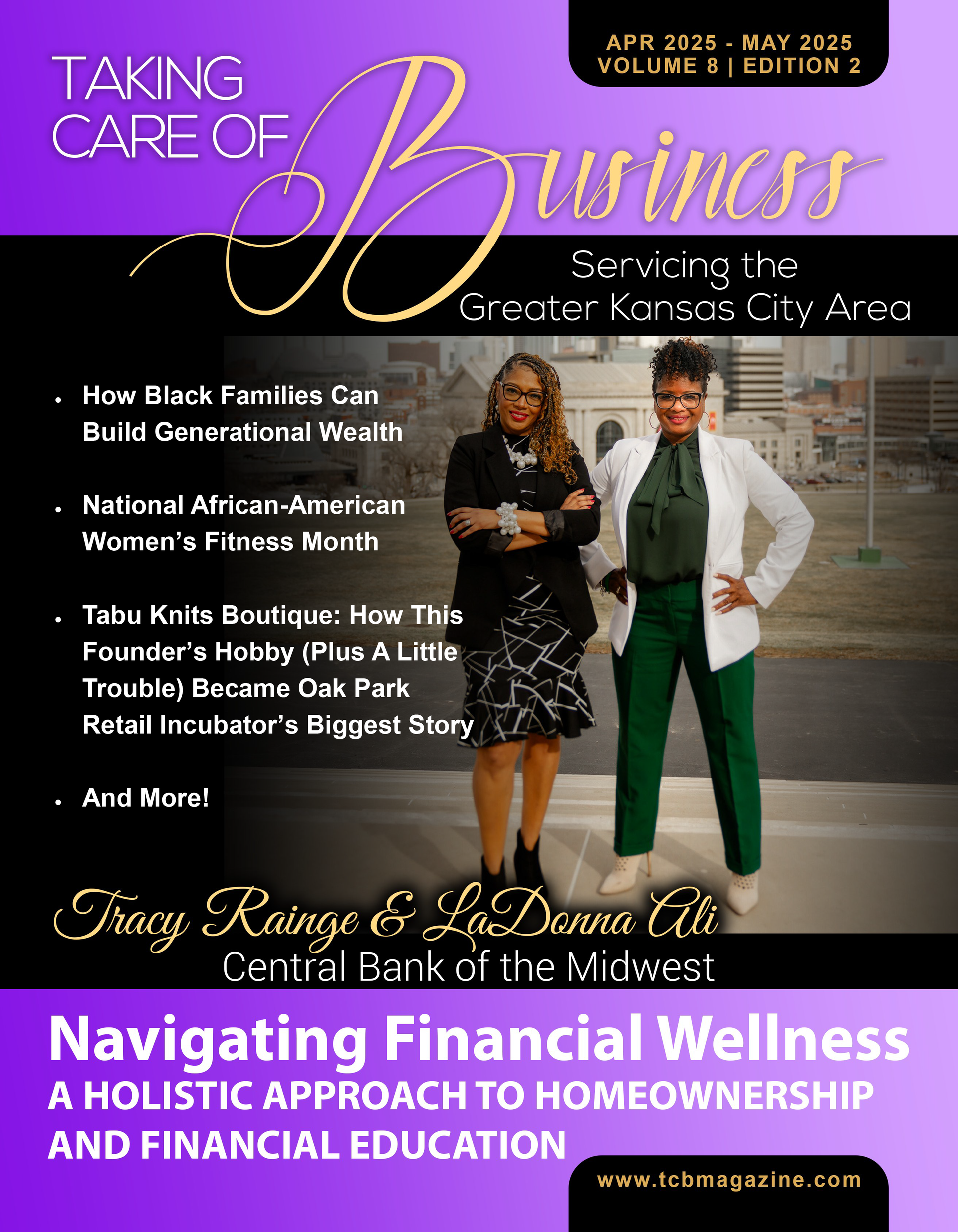 Magazine cover featuring two businesswomen standing outdoors, with text about financial wellness and local business news.