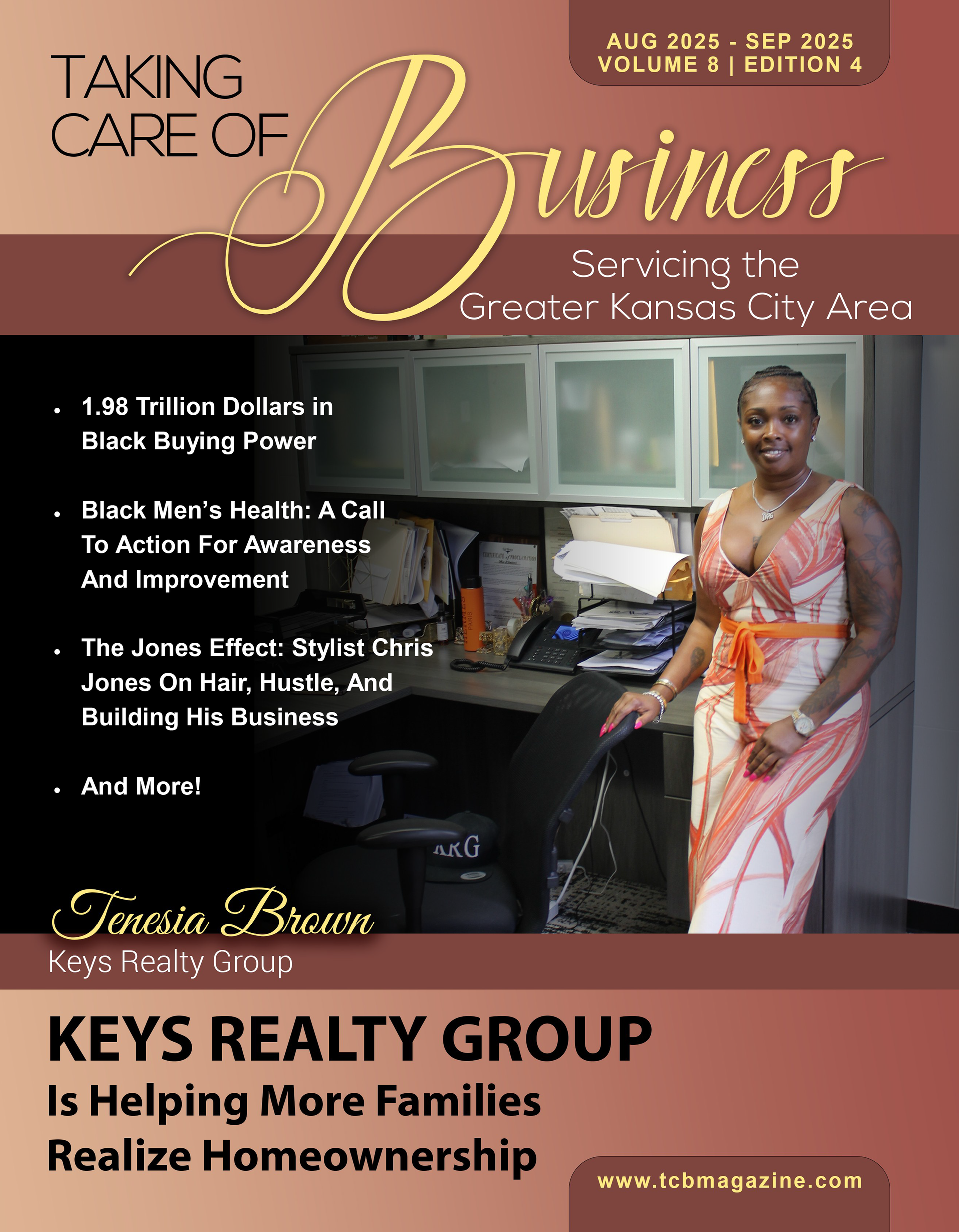 Magazine cover titled Taking Care of Business featuring a person in an office setting and Keys Realty Group promotion.