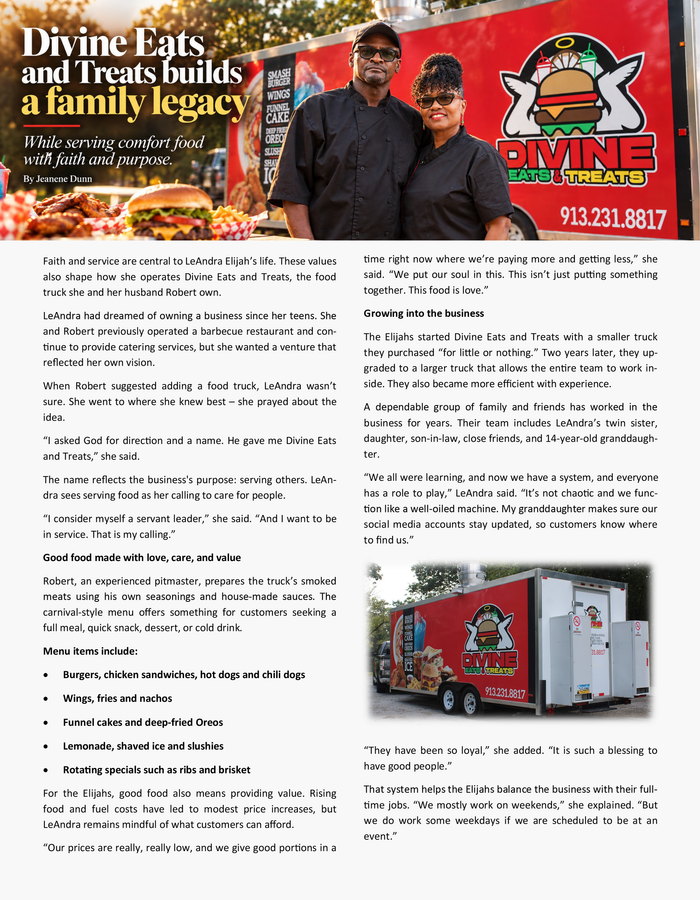 Momma Flo's food truck article. Photo of couple, food truck and text about faith, family and flavor.