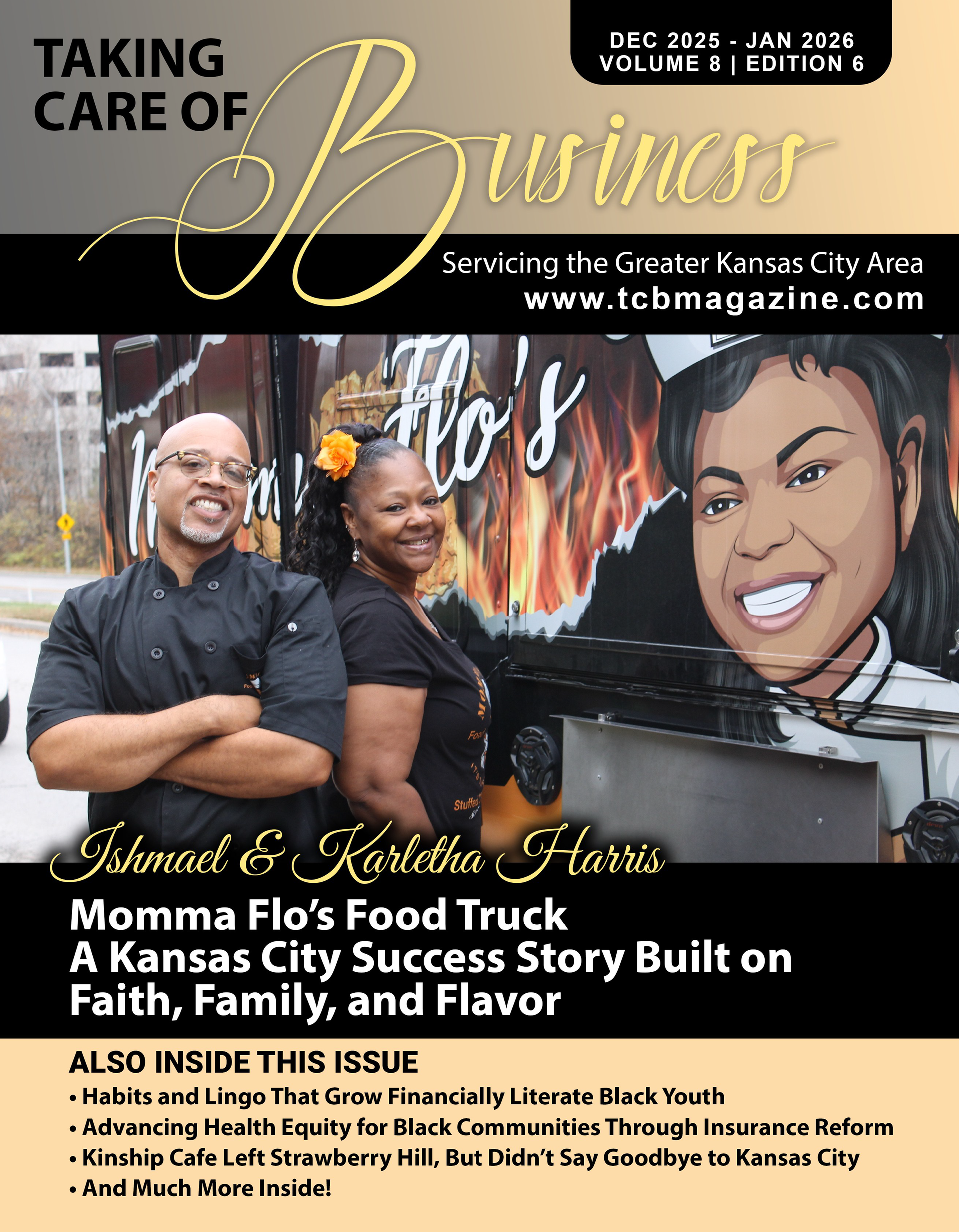 Cover of Taking Care of Business magazine featuring Ishmael and Karletha Harris in front of the Momma Flo's food truck.