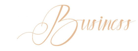 Business in script. Beige text on white background.