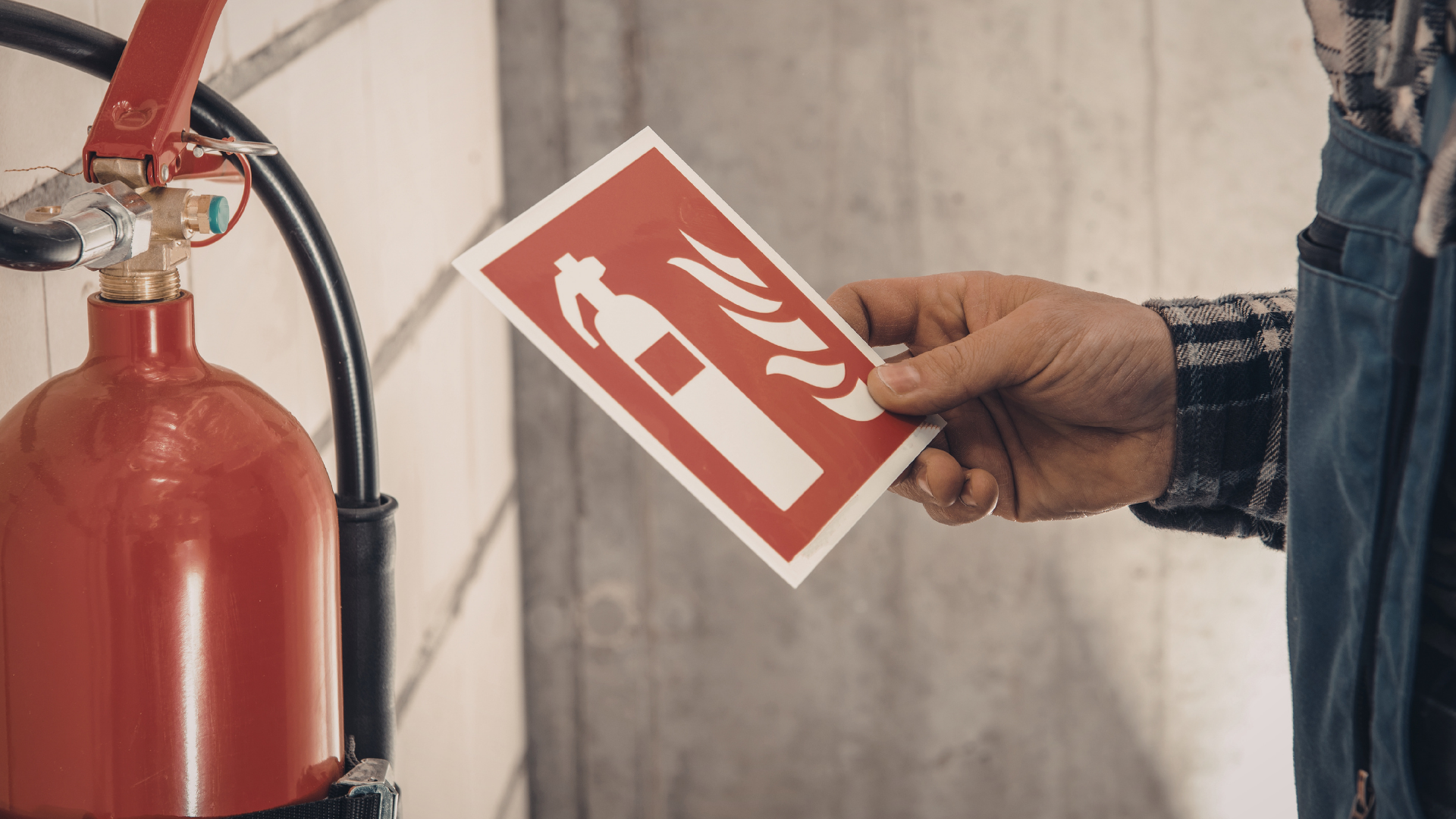 Hand holding a red fire extinguisher safety sign beside a wall-mounted extinguisher.