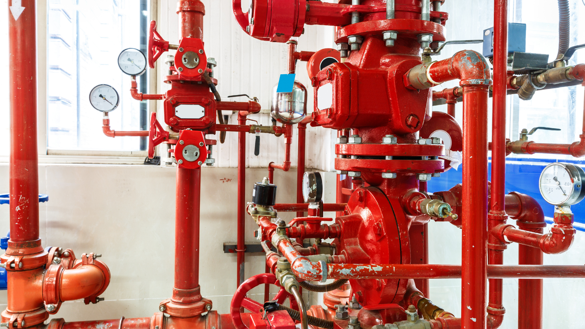 Red industrial piping and valves in a mechanical room, with gauges and pumps