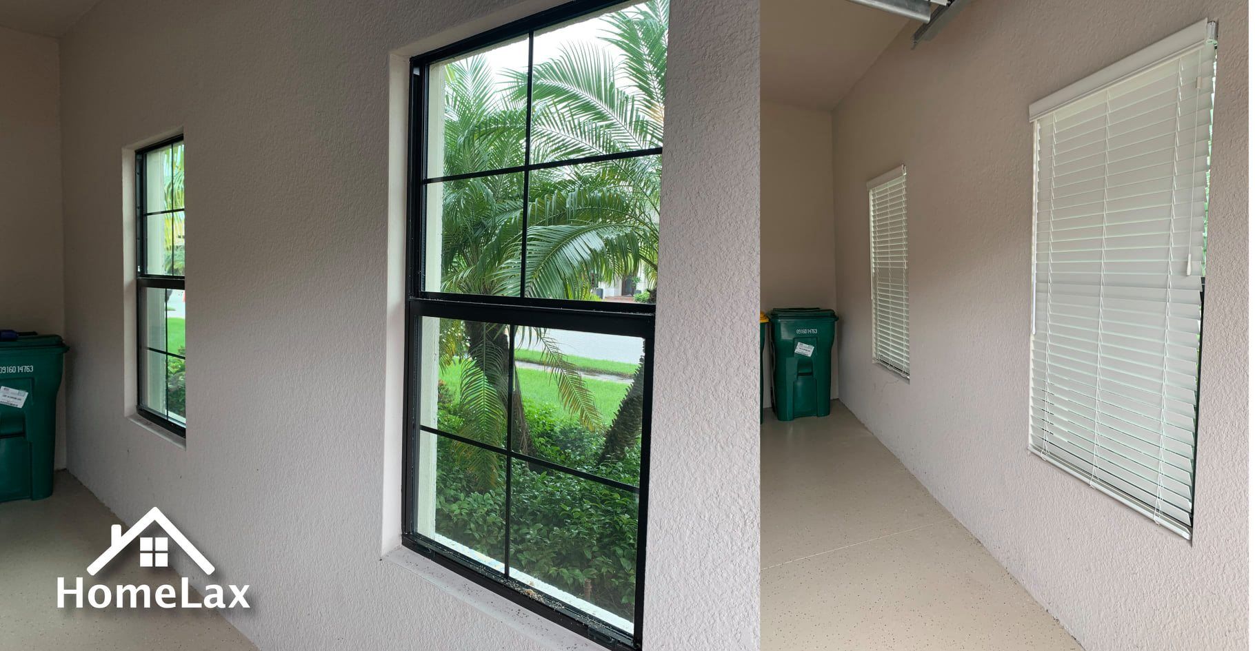 Two-pane side-by-side comparison of a room interior, showing windows before and after installing white window blinds.