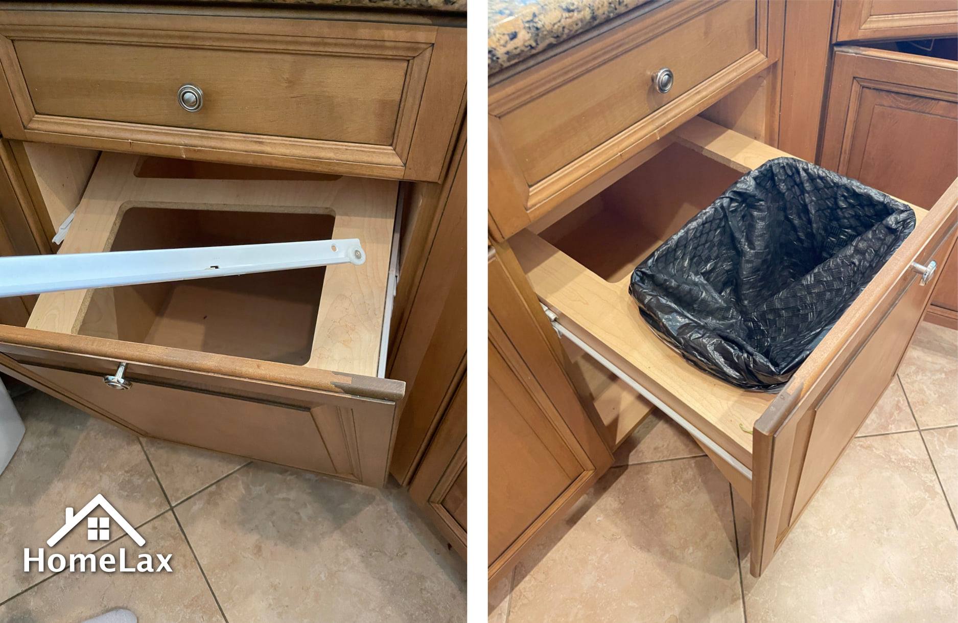 A split-view showing a kitchen cabinet drawer being converted into a pull-out trash bin with a wooden frame and trash bag.