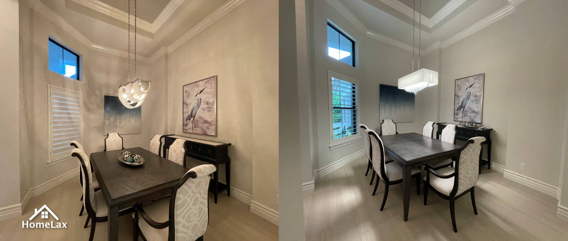 Side-by-side comparison of a dining room with different lighting fixtures, showing a dark wooden table and white chairs.