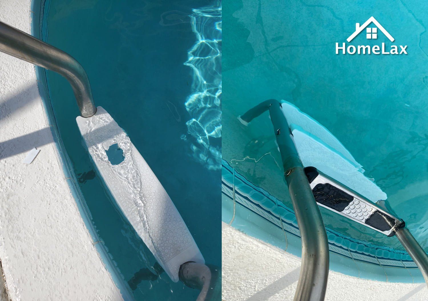 A side-by-side comparison of a white, textured pool ladder tread cover being installed on a metal pool ladder.