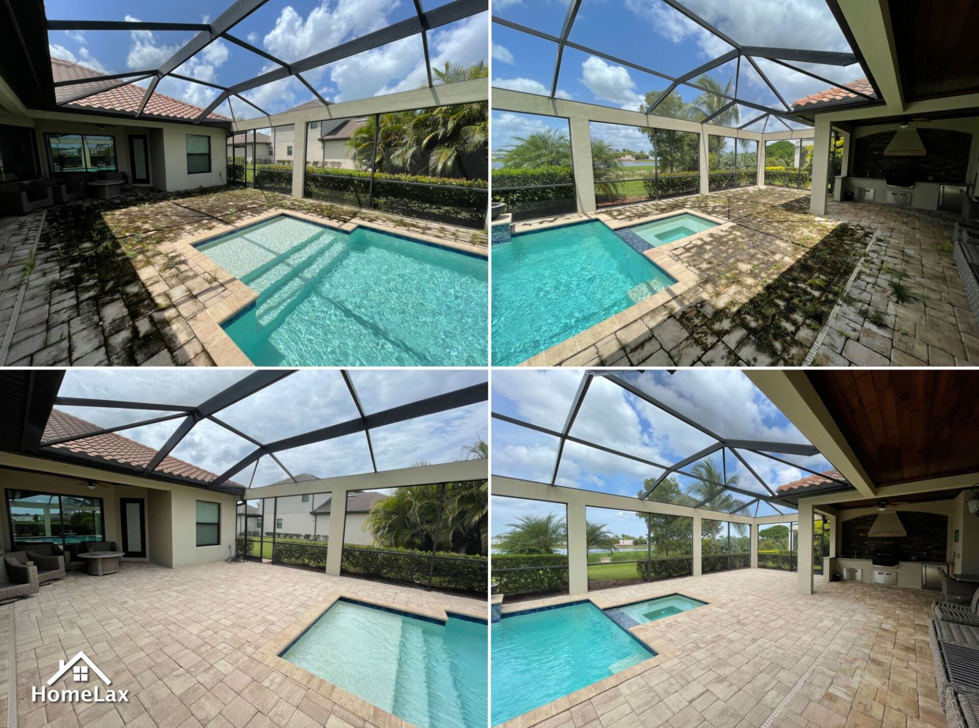 A four-panel collage showing a screened-in patio with a swimming pool and spa overlooking a lake.