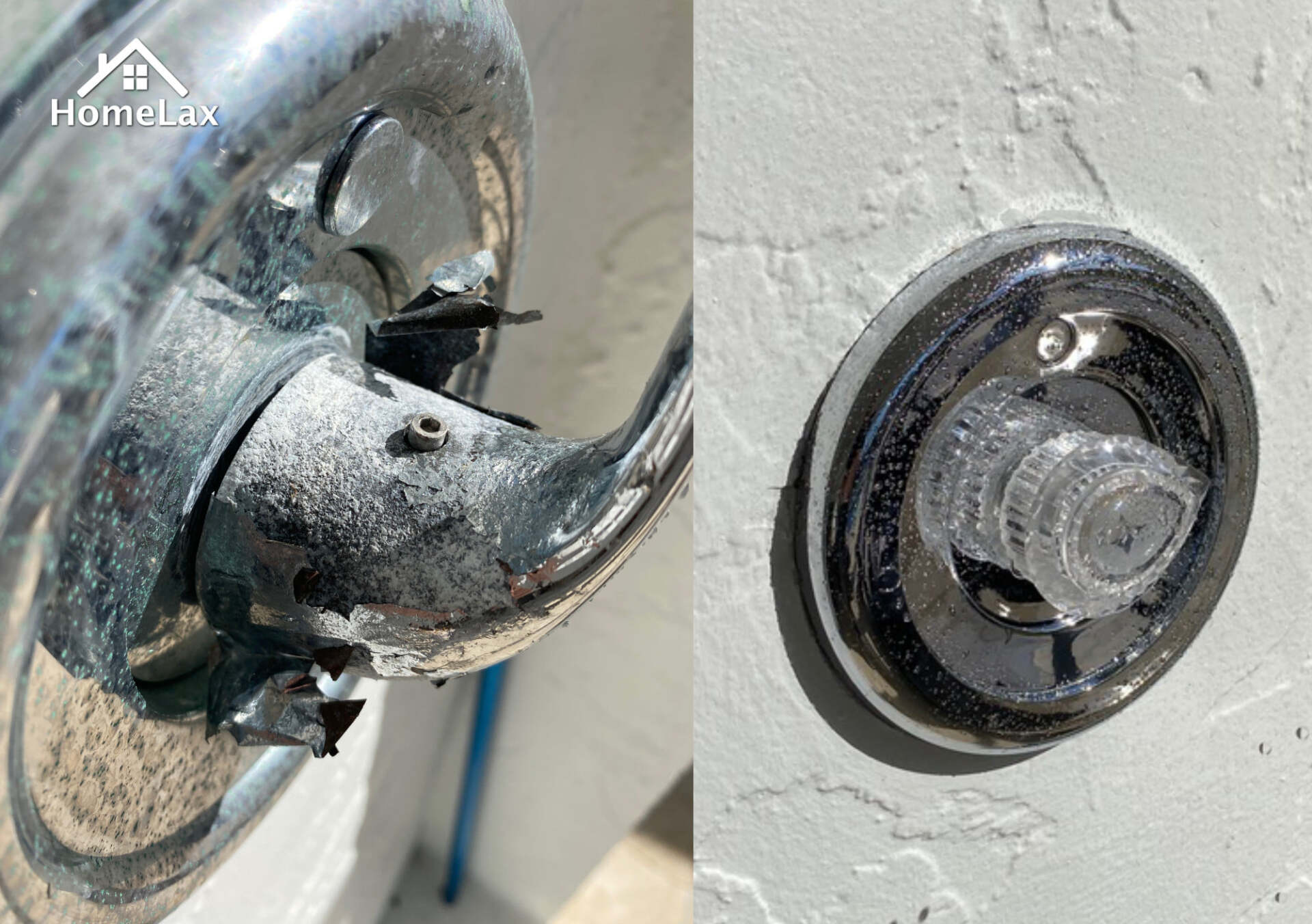 Close-up of a corroded chrome shower handle on the left and a clean, installed chrome faucet knob on the right.