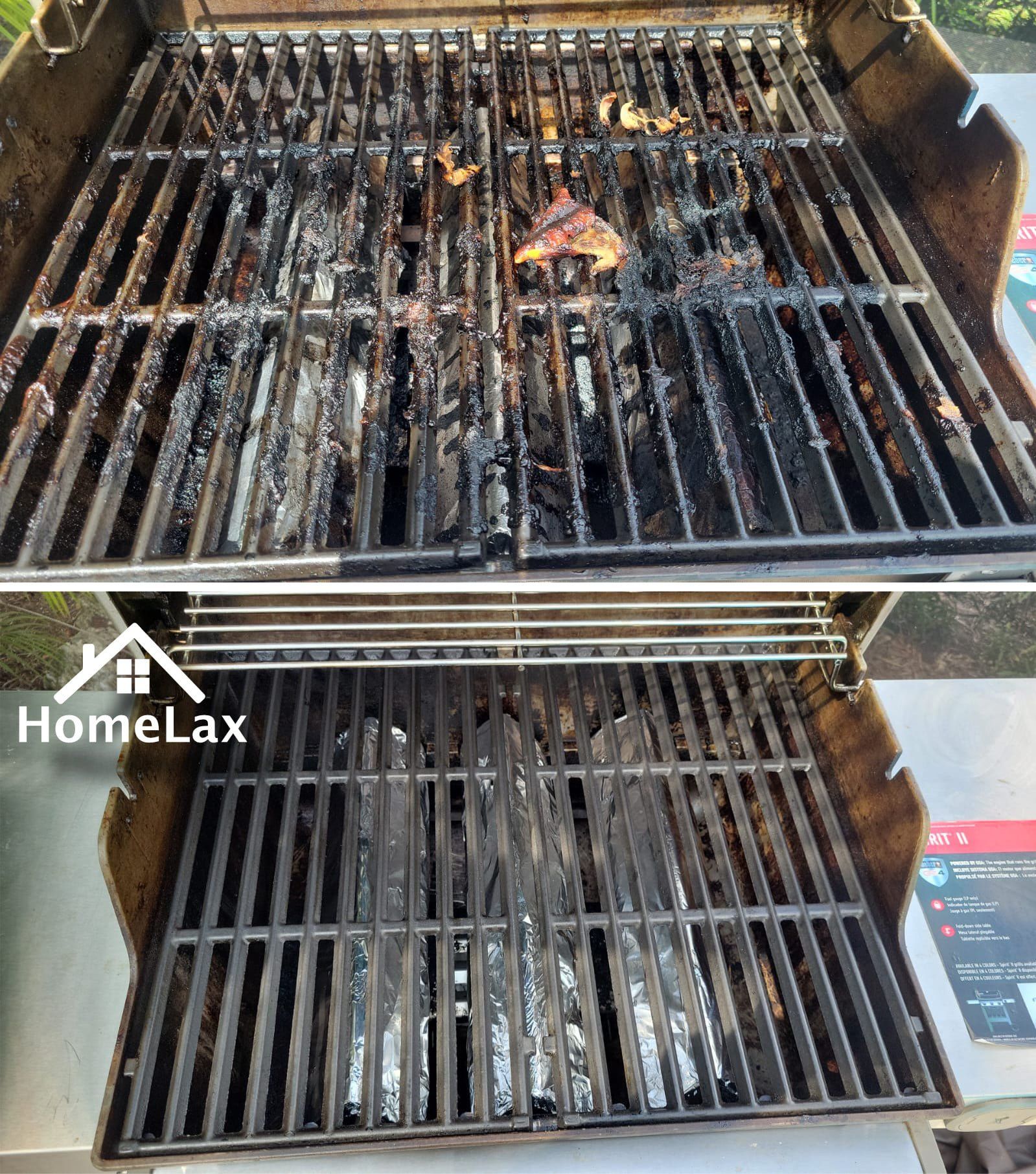 Before-and-after comparison of a dirty grill grate being cleaned to a polished, like-new state.