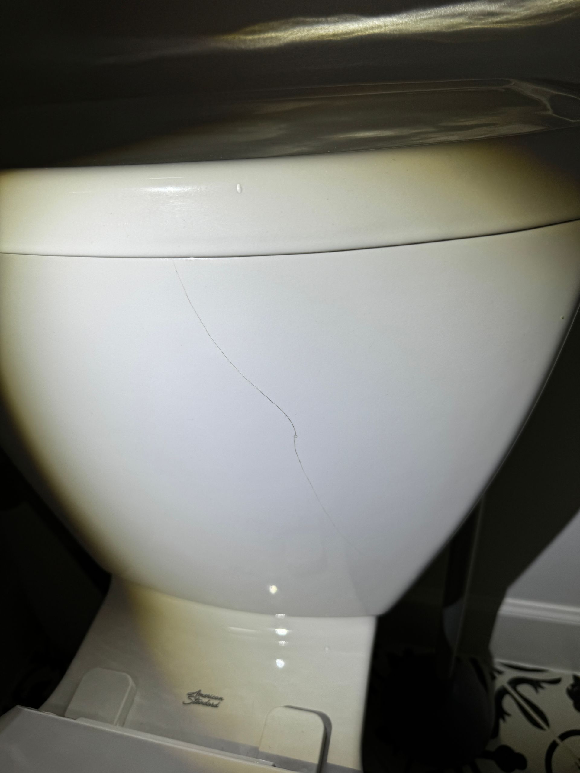 A white ceramic toilet tank featuring a visible, thin vertical crack running down the side.