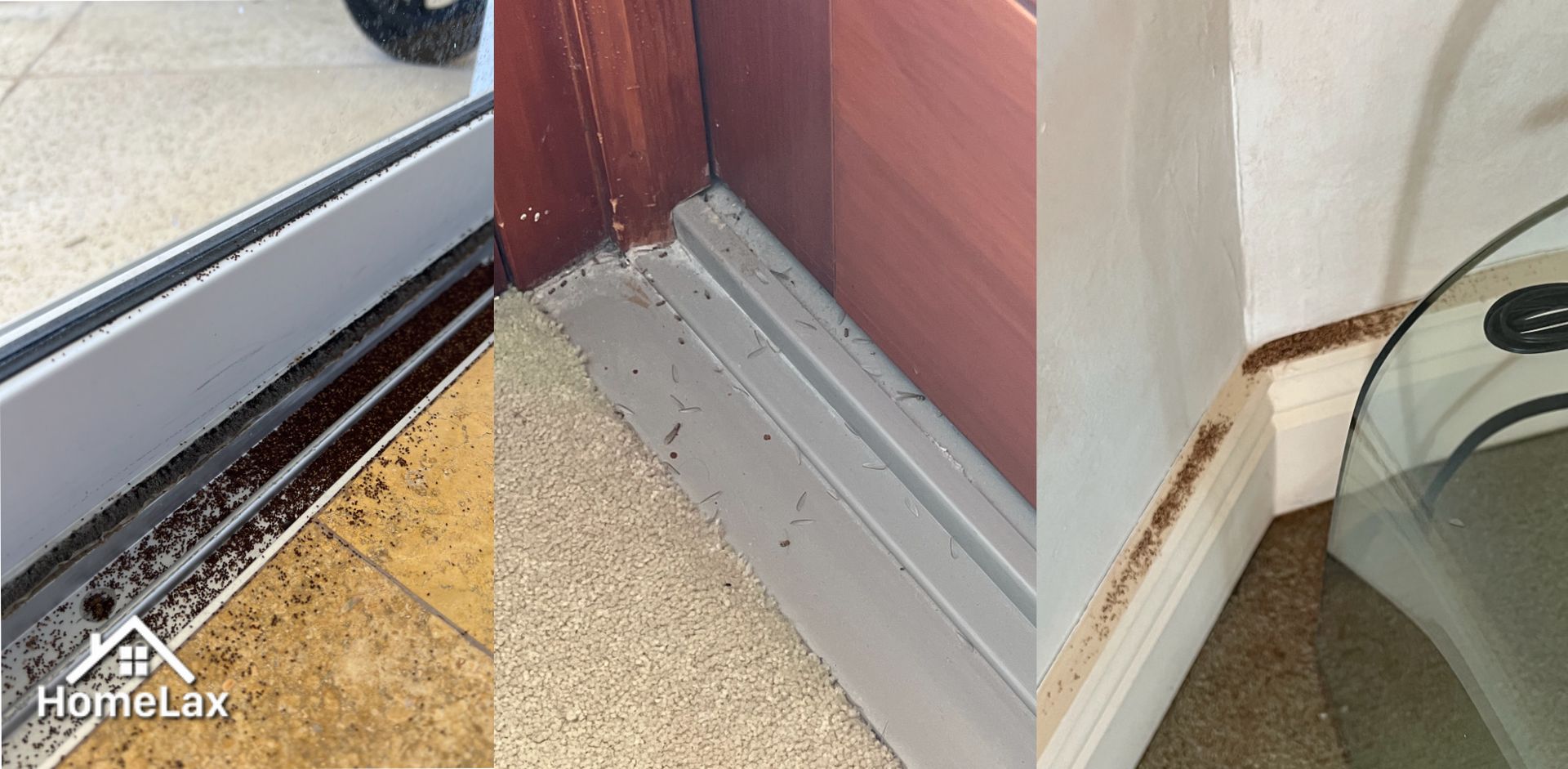 Three views showing dark, granular debris accumulation near floor tracks, door frames, and along baseboards.