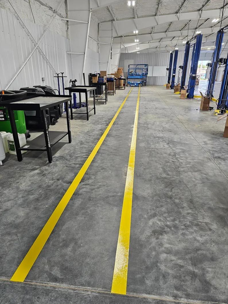 A large warehouse with a yellow line on the floor.