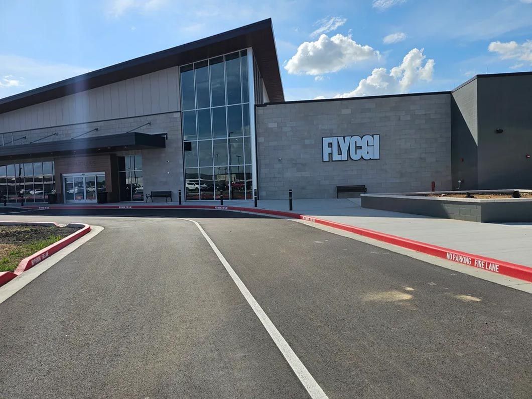 A large building with the word fly on it