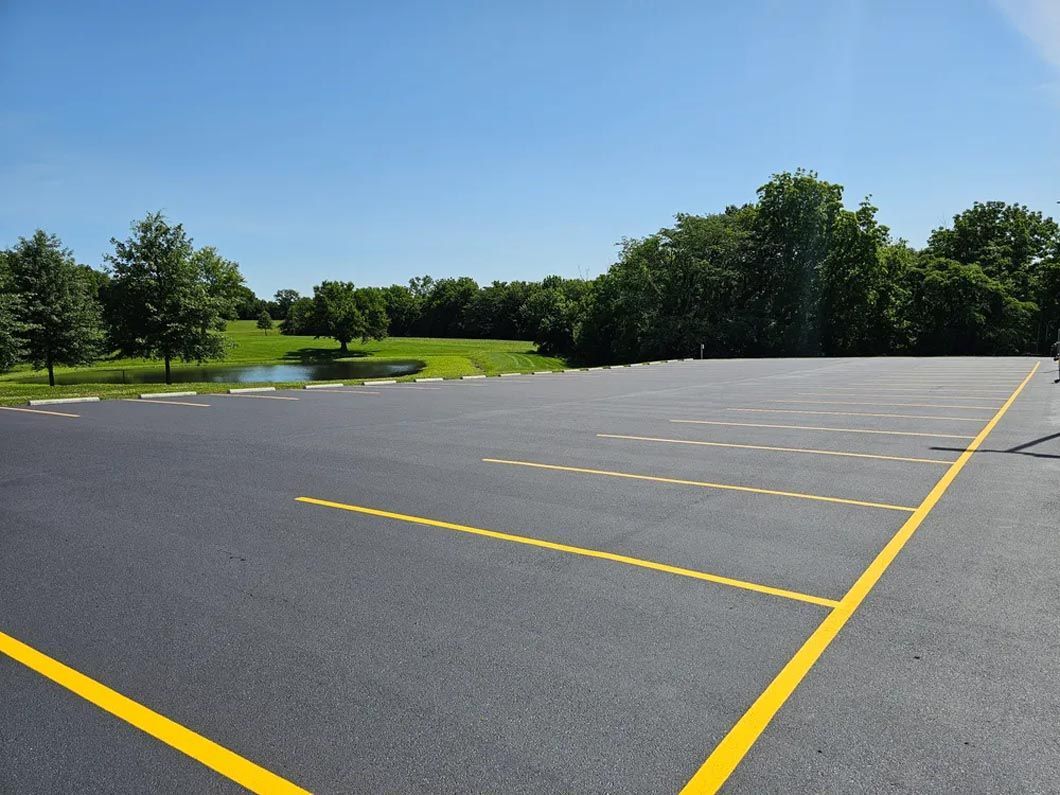 An empty parking lot with trees in the background