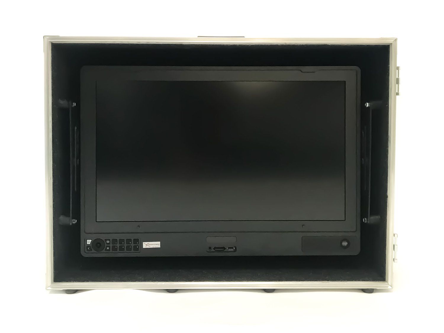 A black computer monitor mounted inside a padded silver carrying case.