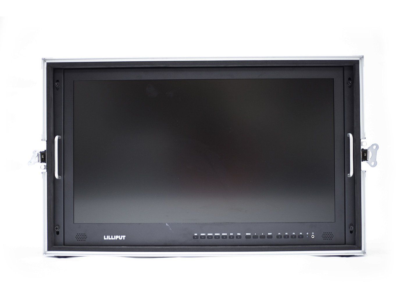 A black flat-screen monitor in a metal frame with handles, possibly for professional use.