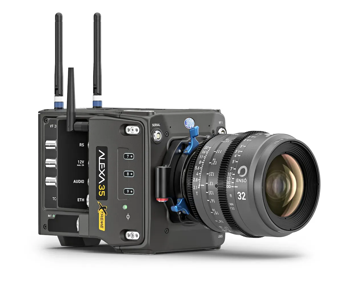 Arri Alexa 35 camera with attached lens, antennae, and side panel. Gray and black.