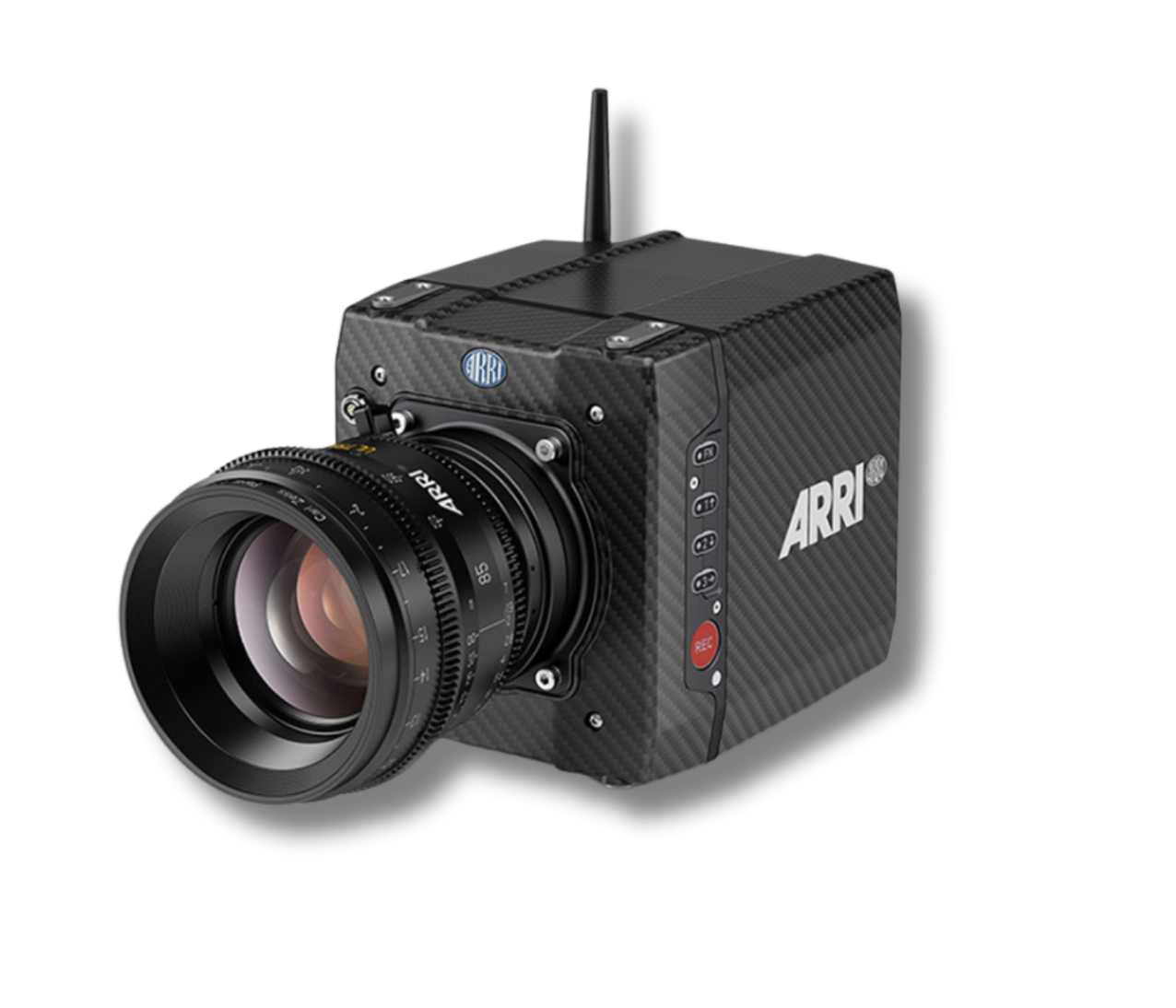 ARRI Alexa Mini LF film camera with lens attached, black body, antenna, and ARRI logo.