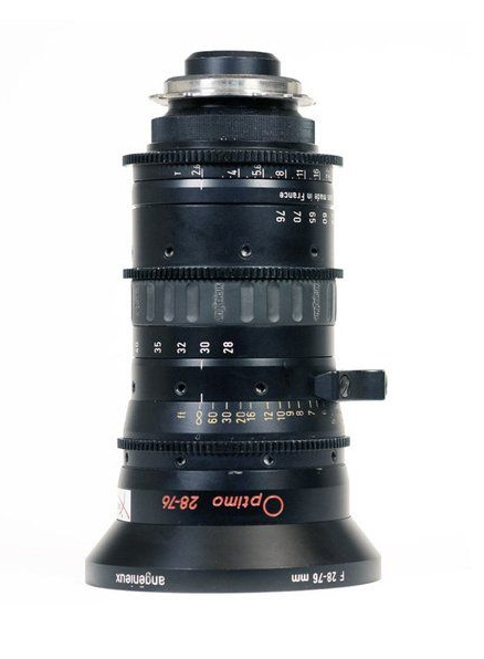 Optimo 28-76 mm film lens; black with silver and red accents.
