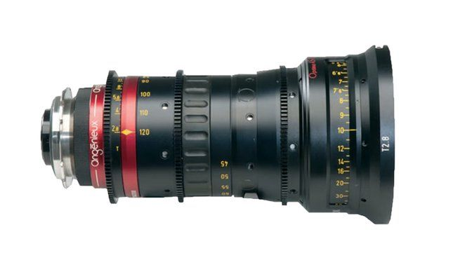 Black and red cine lens with focus and zoom markings; used for filmmaking.