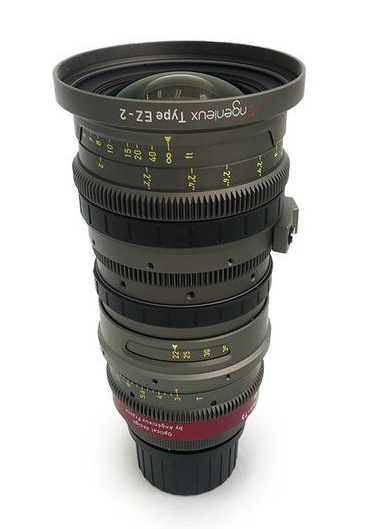 Angenieux Type EZ-2 cine zoom lens, gray and black with focus and zoom rings, on white.