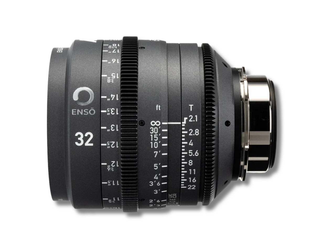 Black cinema lens with focus and T-stop markings, brand name