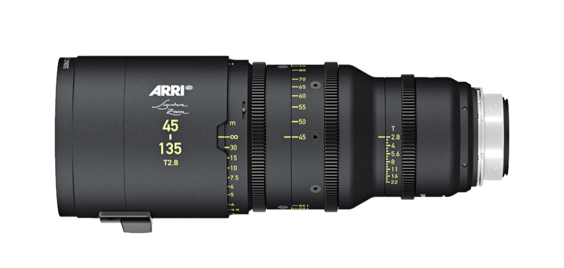 Black Arri film lens, with focus and zoom rings. Numbers and text are visible on the barrel.