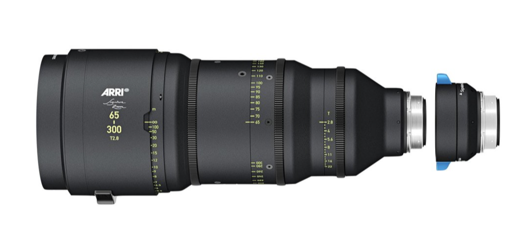 A professional black camera lens with a detached lens mount, against a white background.