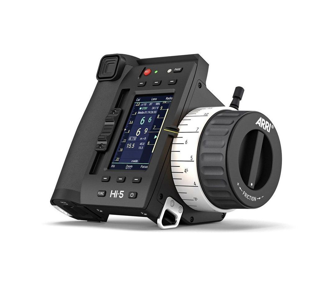 Black ARRI WCU-4 wireless lens control unit with white focus ring and screen display.